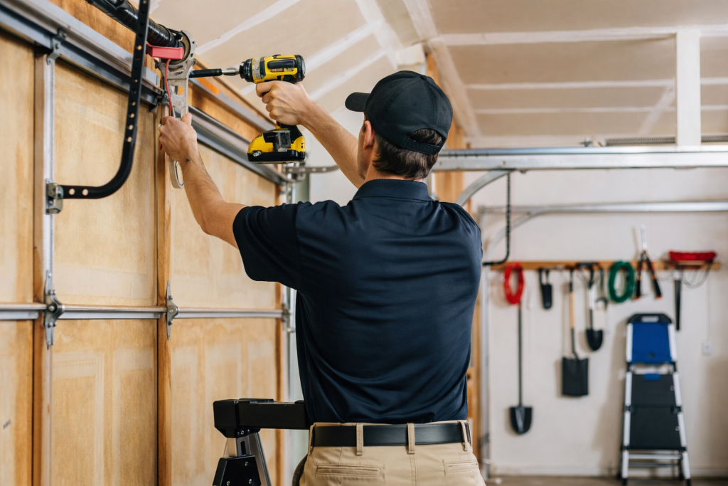 Technician working on garage door with tools